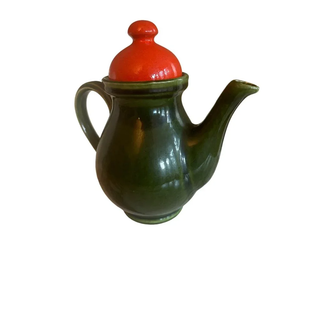 Vintage Green Ceramic Tea Pot With Red Lid